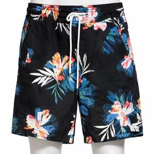 Forever 21 Men’s Black Floral Drawstring Shorts with White Cord